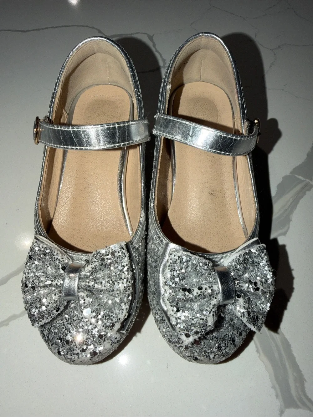 Girls Silver Glitter Mary Janes with Decorative Bow